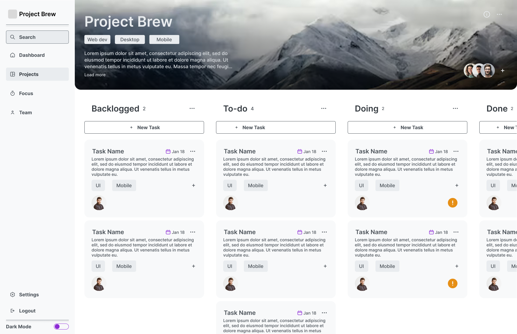 the main projects page